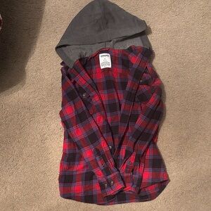 Sonoma Red and Black Plaid Shirt with Gray Hood
